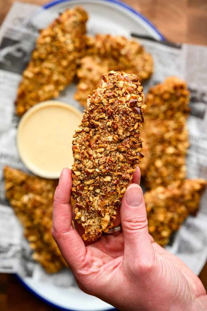 Close up view of chicken tender.