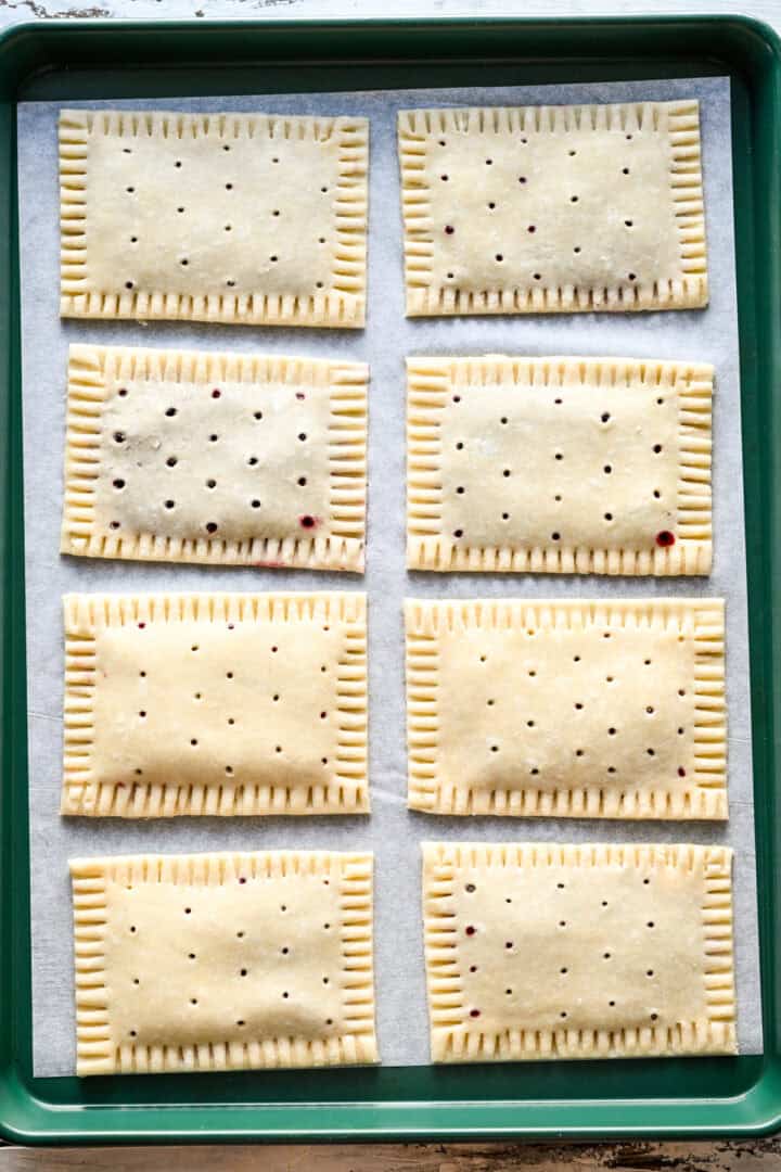 8 pop tarts on a sheet pan before baking. 