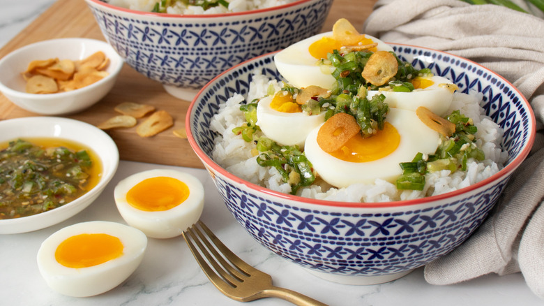 jammy eggs served over rice