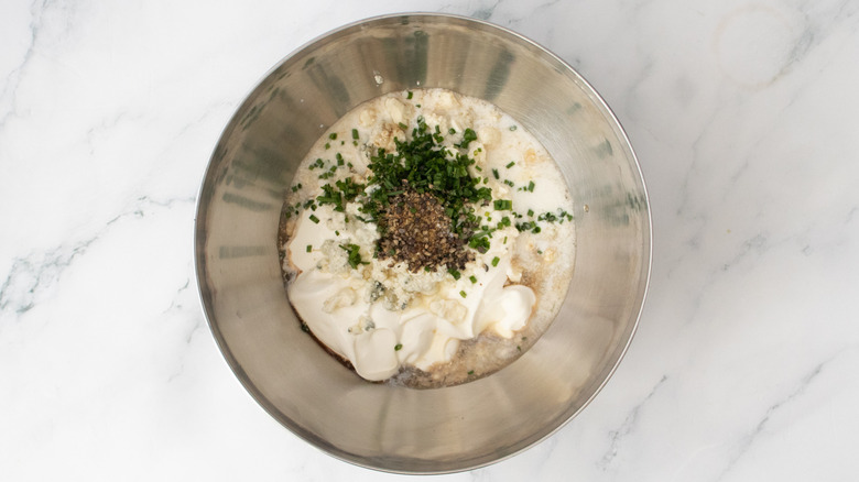 Bleu cheese dressing ingredients in a bowl