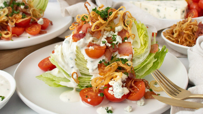 Plated steakhouse wedge salad close-up