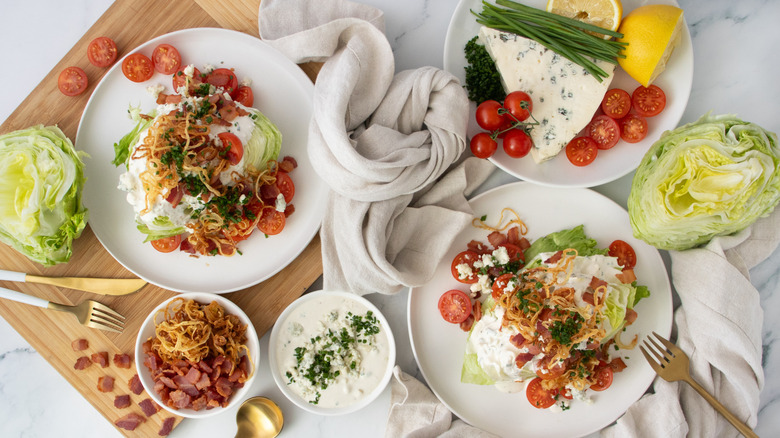 Plated steakhouse wedge salad overhead view
