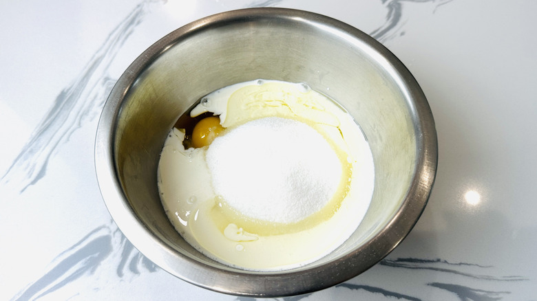 Cake batter ingredients in mixing bowl