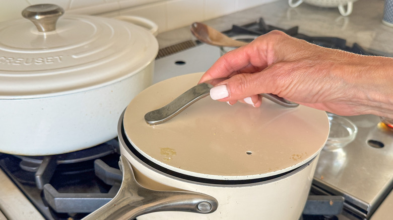 hand covering pot with lid