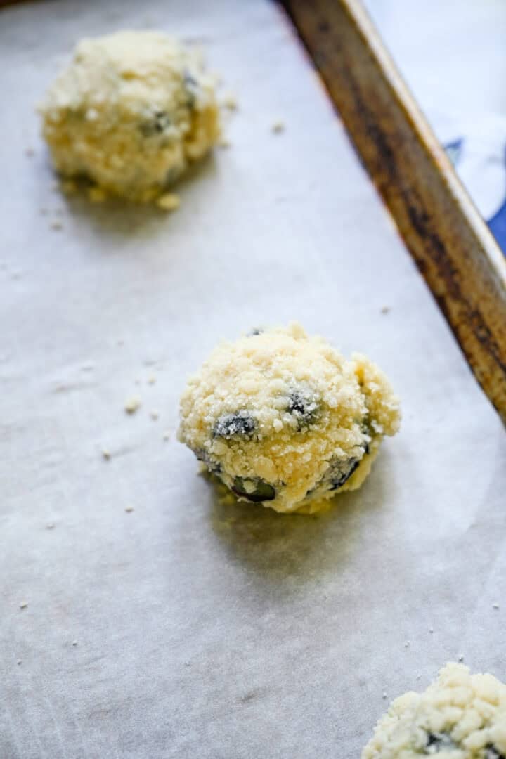 Overhead view of dough ball before baking.