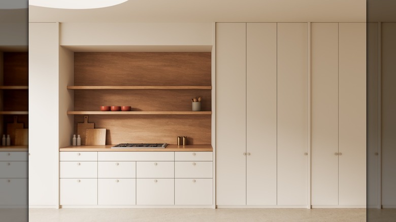 Modern, minimalist kitchen with floor-to-ceiling cream-colored cabinets