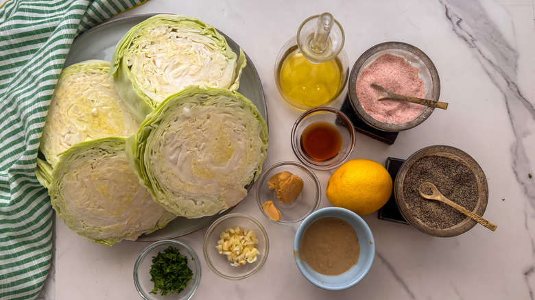 Roasted cabbage steak with tahini drizzle