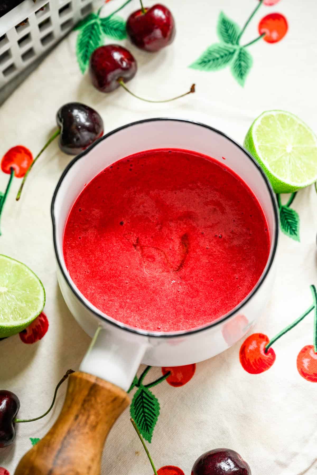 Overhead view of cherry mixture in a pot.