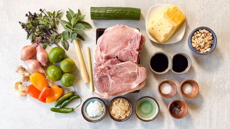Sambal matah-ish grilled pork chop ingredients on countertop