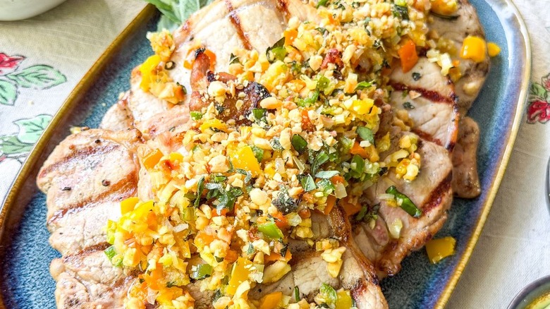 Close up of sambal on grilled pork chops