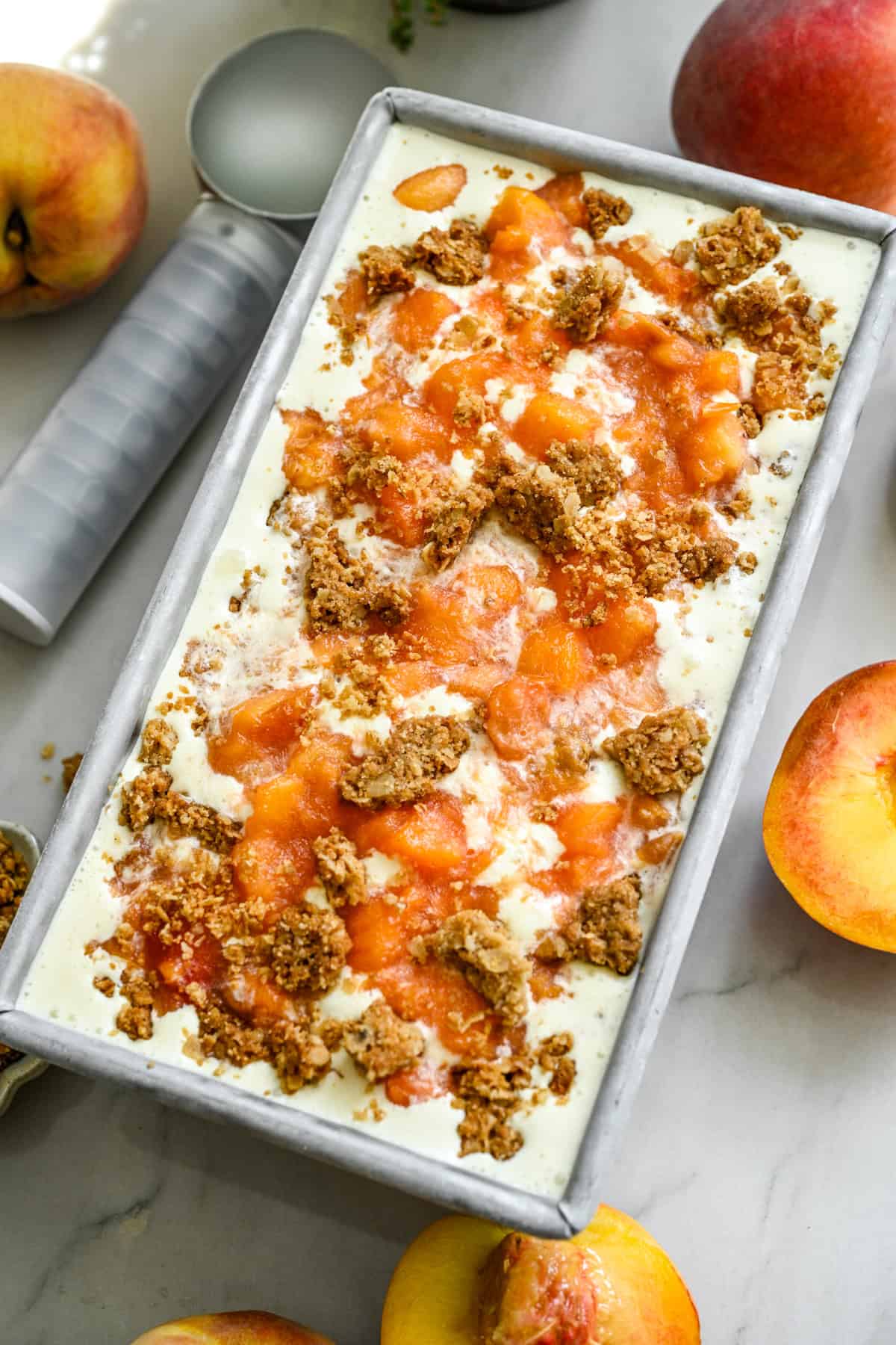 Overhead view of peach crisp ice cream.