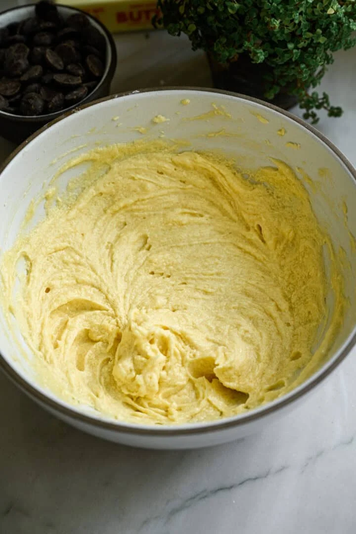 butter, sugar and egg creamed together in mixing bowl.