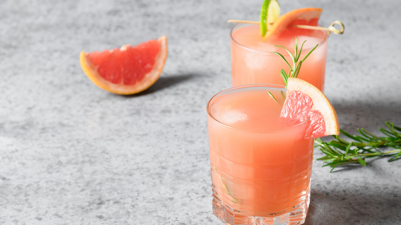 Two greyhound cocktails garnished with grapefruit and rosemary