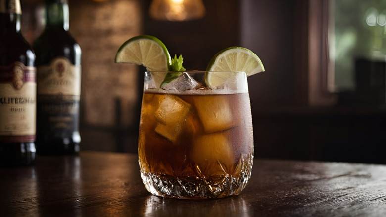 A dark 'n stormy cocktail on a wooden bar garnished with lime slices