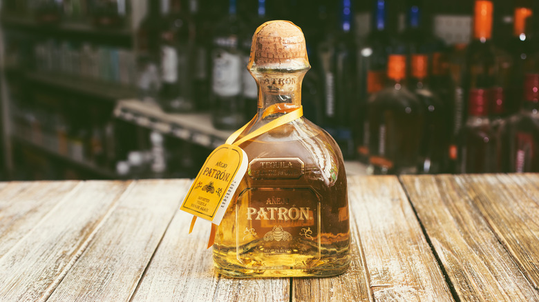 A bottle of Patrón añejo tequila
