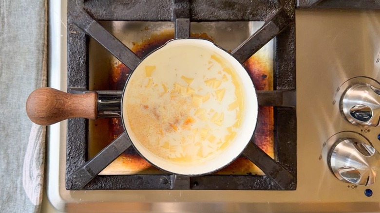 White cheese, milk, and roasted garlic powder in small saucepan on stovetop