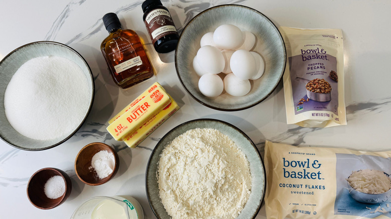 Lane cake ingredients on countertop