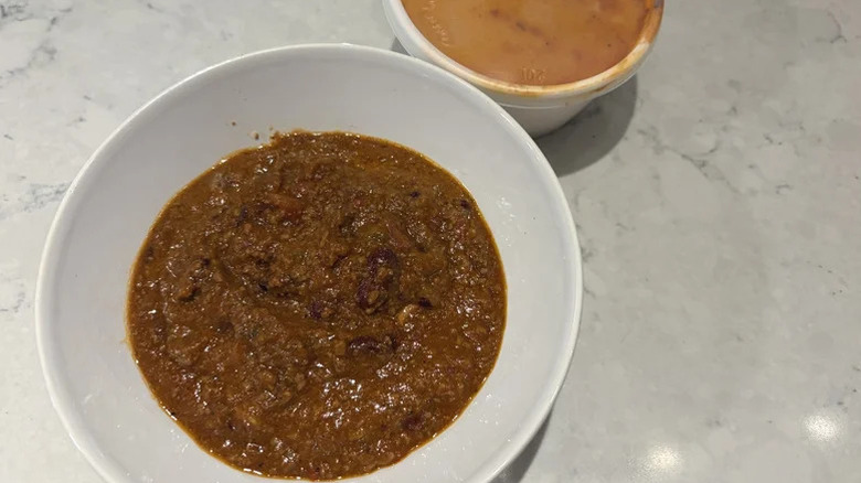 A cup of chili from Famous Dave's restaurant.