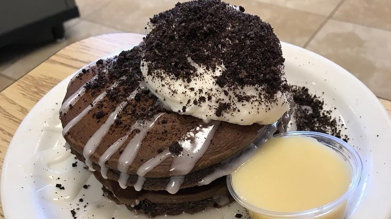 A plate of cookies and cream pancakes at Babystacks