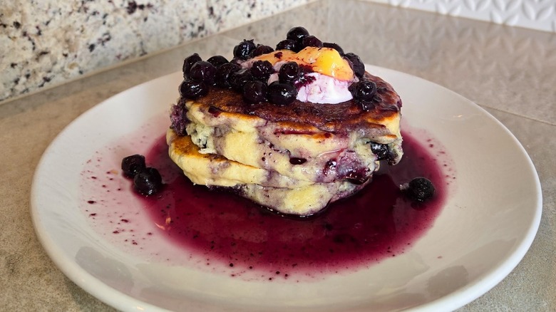 A plate of blueberry pancakes at Jealous Fork