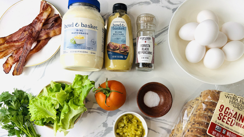 Ingredients for egg salad club sandwiches