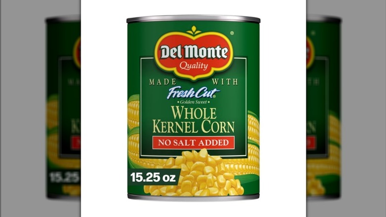 Can of Del Monte No Salt Added Golden Sweet Whole Kernel Corn on a white background