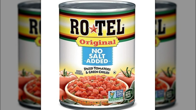 Can of Rotel Original No Salt Added Diced Tomatoes and Green Chilies on a white background