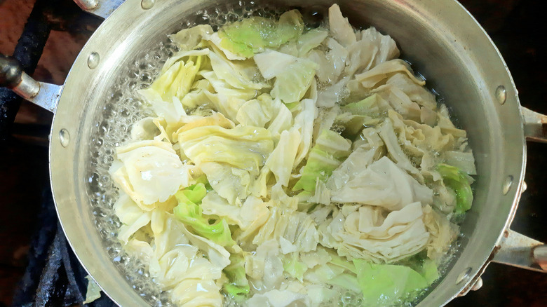 Chopped cabbage in a pot with boiling water