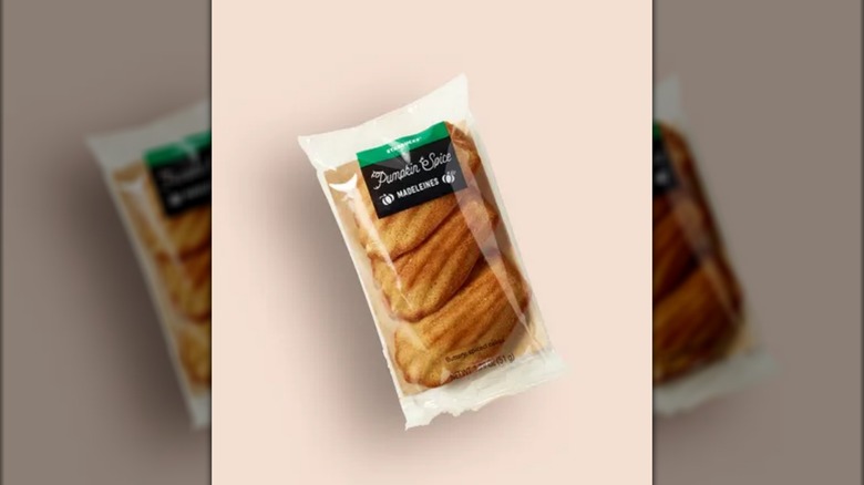 Package of Starbuck's pumpkin spice madeleines on a pale peach background