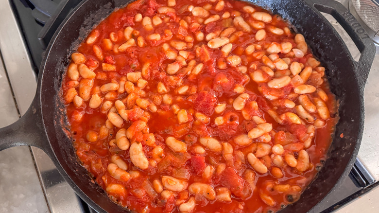 White beans and marinara sauce in skillet