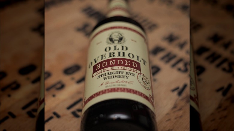A bottle of Old Overholt Bonded Whiskey