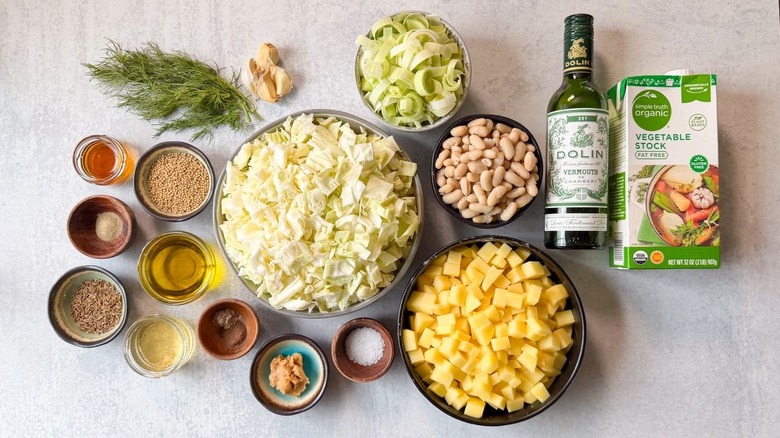 Vegan Nordic-style creamy cabbage soup ingredients on countertop