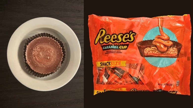 A pile of Reese's Caramel Cups with an unwrapped Caramel Cup