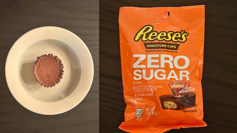 Reese's Zero Sugar Miniature Cups package next to a bowl of wrapped and unwrapped cups