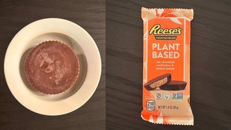 Reese's Plant-Based candy wrapper next to a plate with an unwrapped Reese's