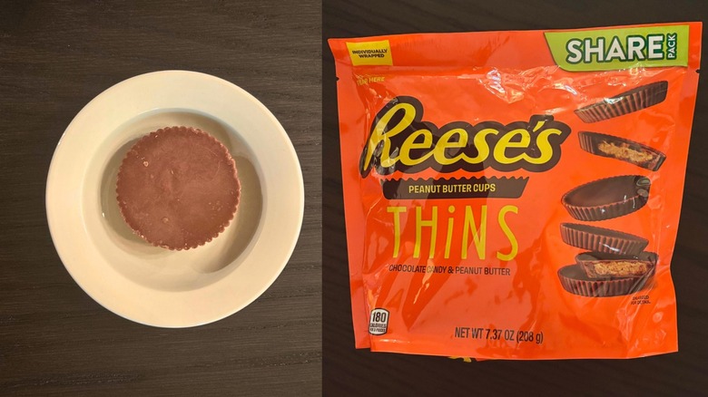 A bag of Reese's thins, wrapped Reese's Thins, and an unwrapped Thins