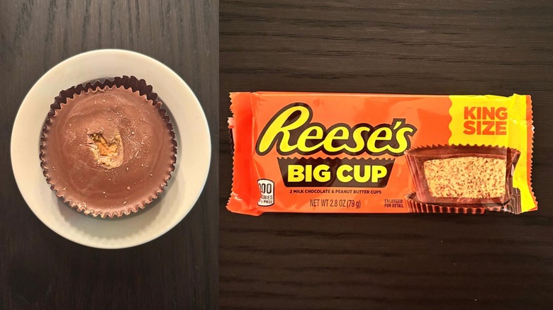 A Reese's Big Cup on a small plate next to a Reese's Big Cup package