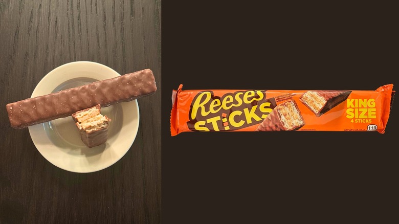 A plate with three Reese's Sticks, the package in the background
