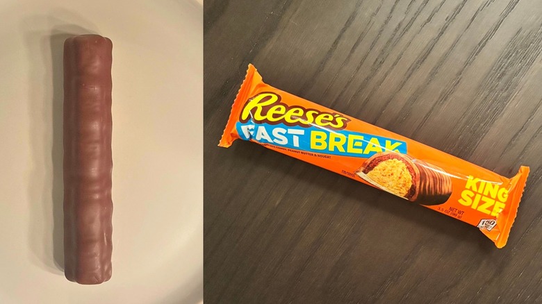 A plate with a wrapped Reese's Fast Break and an unwrapped Fast Break