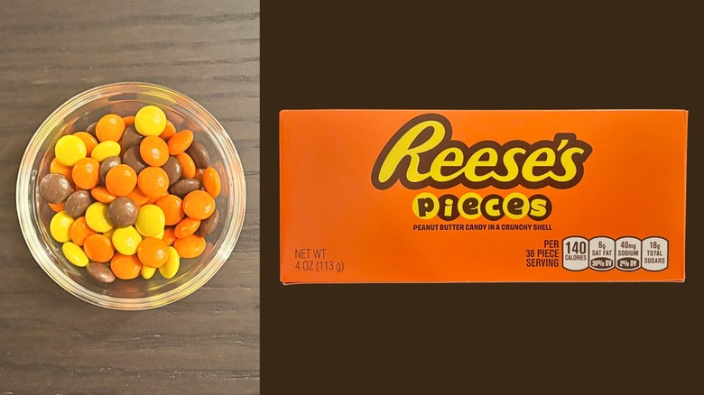 Reese's Pieces box next to bowl of Reese's Pieces