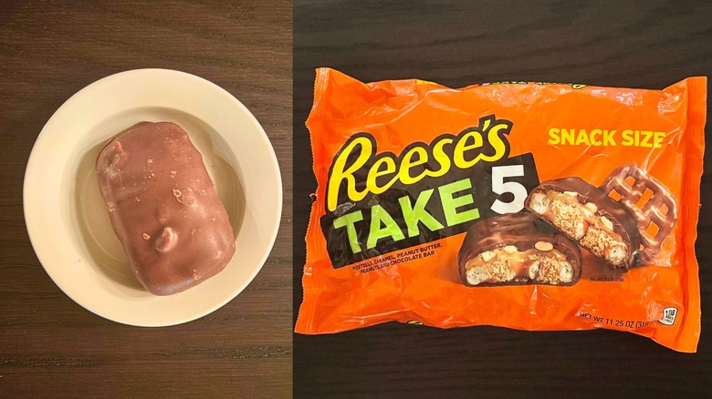 A large bag of Reese's Take 5 next to wrapped and unwrapped candies