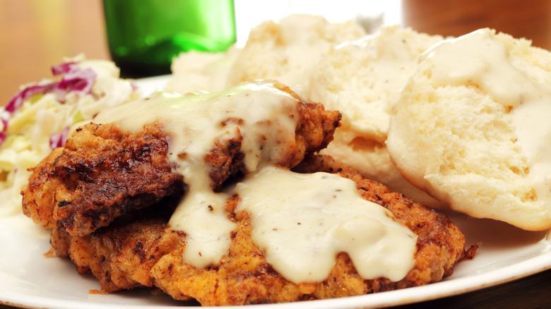 Dish of chicken fried chicken with gravy