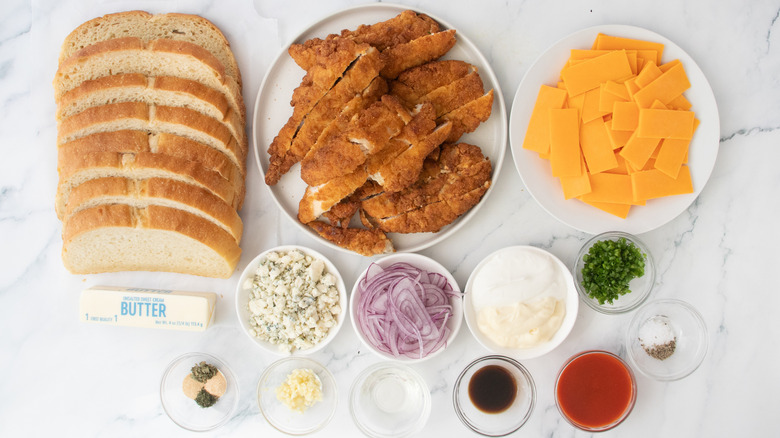 Overhead shot of buffalo chicken grilled cheese ingredients.