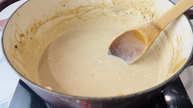 Beef stroganoff sauce in Dutch oven