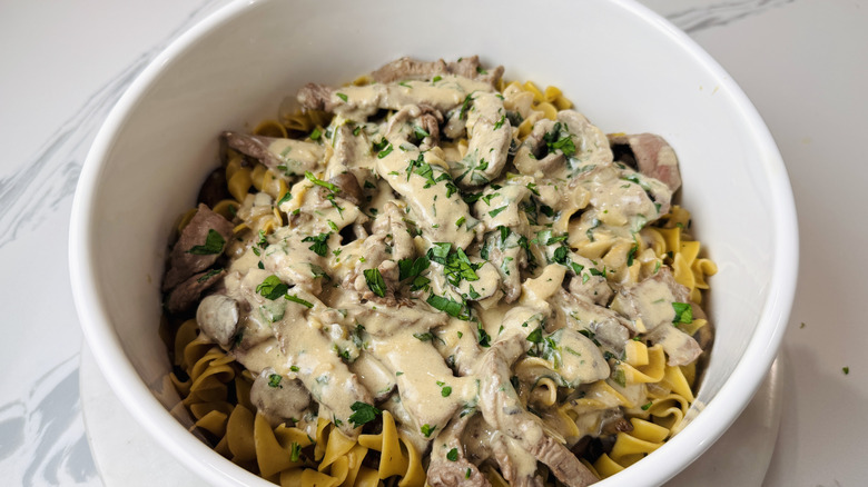 Beef stroganoff in bowl
