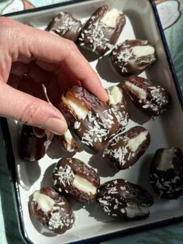 Close up view of a hand lifting a chocolate covered date stuffed with coconut filling from a tray.