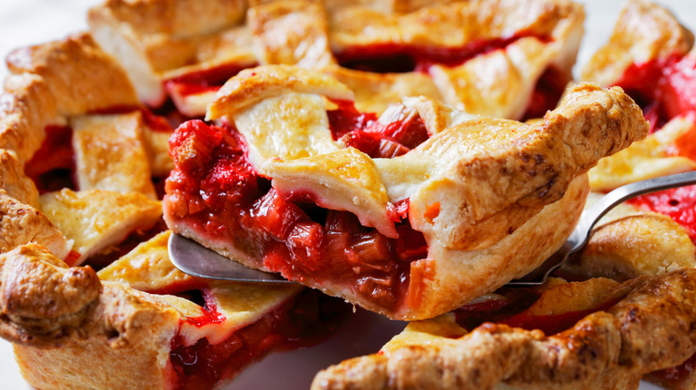 Sliced strawberry rhubarb pie.