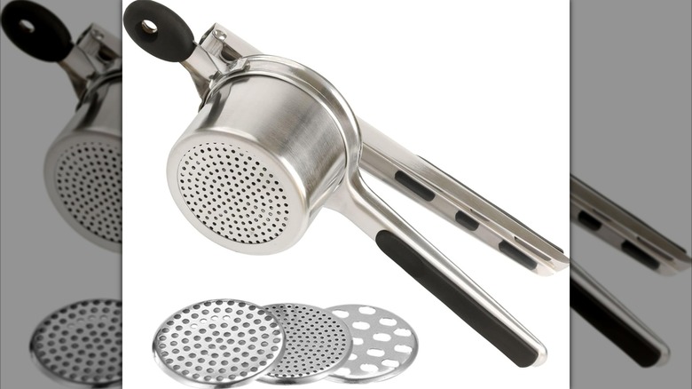 Stainless steel potato ricer with three different blades