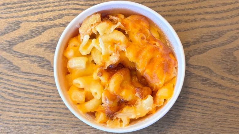 A side of mac and cheese from Chick-fil-A served in a to-go container
