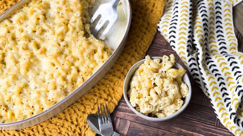 Large baking dish and a small bowl of mac and cheese